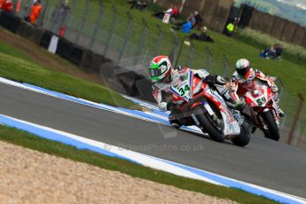 World © Octane Photographic Ltd. World Superbikes (SBK) European GP – Donington Park – Qualifying Practice. Althea Racing – Aprilia RSV4 Factory – Davide Giugliano and Team Ducati Alstare - Ducati 1199 Panigale R – Niccolo Canepa. Saturday 25th May 2013. Digital Ref :