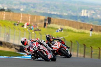 World © Octane Photographic Ltd. World Superbikes (SBK) European GP – Donington Park – Qualifying Practice. Team Ducati Alstare - Ducati 1199 Panigale R – Niccolo Canepa and Aprilia Racing Team – Aprilia RSV4 Factory – Sylvain Guintoli. Saturday 25th May 2013. Digital Ref :