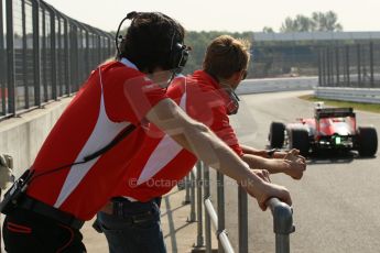 World © Octane Photographic Ltd. Formula 1 - Young Driver Test - Silverstone. Wednesday 17th July 2013. Day 1. Marussia F1 Team MR02 - Tio Ellinas being over watched by Max Chilton. Digital Ref : 0752lw1d5808