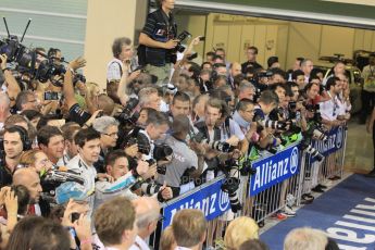 World © Octane Photographic Ltd. Sunday 23rd November 2014. Abu Dhabi Grand Prix - Yas Marina Circuit - Formula 1 Podium. Parc Ferme Media scrum. Digital Ref: 1173CB1D0166