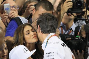 World © Octane Photographic Ltd. Sunday 23rd November 2014. Abu Dhabi Grand Prix - Yas Marina Circuit - Formula 1 Podium. Mercedes AMG Petronas – Toto Wolff and Nicole Scherzinger. Digital Ref: 1173CB1D0220