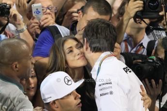 World © Octane Photographic Ltd. Sunday 23rd November 2014. Abu Dhabi Grand Prix - Yas Marina Circuit - Formula 1 Podium. Mercedes AMG Petronas – Toto Wolff and Nicole Scherzinger. Digital Ref: 1173CB1D0221