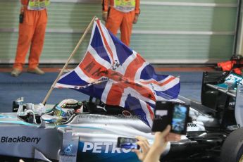 World © Octane Photographic Ltd. Sunday 23rd November 2014. Abu Dhabi Grand Prix - Yas Marina Circuit - Formula 1 Podium. Mercedes AMG Petronas – Lewis Hamilton - Race winner and 2014 World Champion. Digital Ref: 1173CB1D0351