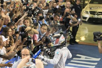 World © Octane Photographic Ltd. Sunday 23rd November 2014. Abu Dhabi Grand Prix - Yas Marina Circuit - Formula 1 Podium. Mercedes AMG Petronas – Lewis Hamilton - Race winner and 2014 World Champion greeting his team and family. Digital Ref: 1173CB1D0459