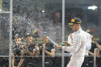 World © Octane Photographic Ltd. Sunday 23rd November 2014. Abu Dhabi Grand Prix - Yas Marina Circuit - Formula 1 Podium. Mercedes AMG Petronas – Lewis Hamilton - Race winner and 2014 World Champion. Digital Ref: 1173CB1D1205