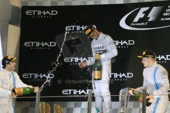 World © Octane Photographic Ltd. Sunday 23rd November 2014. Abu Dhabi Grand Prix - Yas Marina Circuit - Formula 1 Podium. Mercedes AMG Petronas – Lewis Hamilton - Race winner and 2014 World Champion. Digital Ref: 1173LB1DX7607