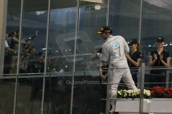 World © Octane Photographic Ltd. Sunday 23rd November 2014. Abu Dhabi Grand Prix - Yas Marina Circuit - Formula 1 Podium. Mercedes AMG Petronas – Lewis Hamilton - Race winner and 2014 World Champion. Digital Ref: 1173LB1DX7651
