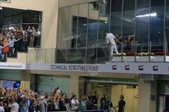 World © Octane Photographic Ltd. Sunday 23rd November 2014. Abu Dhabi Grand Prix - Yas Marina Circuit - Formula 1 Podium. Mercedes AMG Petronas – Lewis Hamilton - Race winner and 2014 World Champion. Digital Ref: 1173LB1DX7664