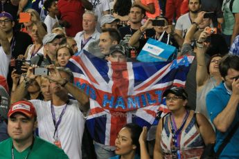 World © Octane Photographic Ltd. Sunday 23rd November 2014. Abu Dhabi Grand Prix - Yas Marina Circuit - Formula 1 Paddock. Hamilton Fans in the grandstand. Digital Ref: 1173LB1DX7740