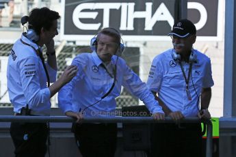 World © Octane Photographic Ltd. Saturday 22nd November 2014. Abu Dhabi Grand Prix - Formula 1 Practice 3. Mercedes AMG Petronas - Toto Wolff and Dieter Zetsche. Digital Ref: 1165LB1D0689