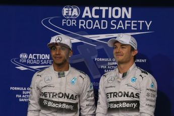 World © Octane Photographic Ltd. 2014 Formula 1 Abu Dhabi Grand Prix, F1 Qualifying, Saturday 22nd November 2014. Mercedes AMG Petronas - Lewis Hamilton and Nico Rosberg. Digital Ref : 1166LB1D1597
