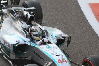 World © Octane Photographic Ltd. Sunday 23rd November 2014. Abu Dhabi Grand Prix - Yas Marina Circuit - Formula 1 Race. Mercedes AMG Petronas F1 W05 – Lewis Hamilton on his out lap from the pits. Digital Ref: