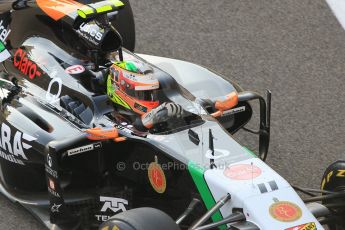 World © Octane Photographic Ltd. Sunday 23rd November 2014. Abu Dhabi Grand Prix - Yas Marina Circuit - Formula 1 Race. Sahara Force India VJM07 – Sergio Perez on his out lap from the pits. Digital Ref: