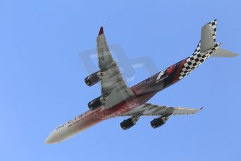 World © Octane Photographic Ltd. Sunday 23rd November 2014. Abu Dhabi Grand Prix - Yas Marina Circuit - Formula 1 Race. F1 liveried Airbus A340 flyby. Digital Ref: