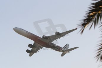World © Octane Photographic Ltd. Sunday 23rd November 2014. Abu Dhabi Grand Prix - Yas Marina Circuit - Formula 1 Race. F1 liveried Airbus A340 flyby. Digital Ref: