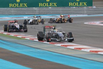 World © Octane Photographic Ltd. Sunday 23rd November 2014. Abu Dhabi Grand Prix - Yas Marina Circuit - Formula 1 Race. Sauber C33 – Esteban Gutierrez, Scuderia Toro Rosso STR9 – Jean-Eric Vergne, McLaren Mercedes MP4/29 – Kevin Magnussen and Lotus F1 Team E22 – Pastor Maldonado. Digital Ref :
