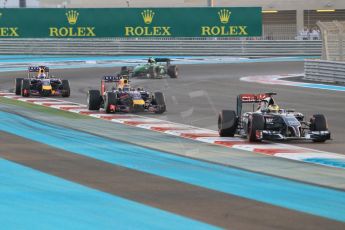 World © Octane Photographic Ltd. Sunday 23rd November 2014. Abu Dhabi Grand Prix - Yas Marina Circuit - Formula 1 Race. Sauber C33 – Adrian Sutil,  Infiniti Red Bull Racing RB10 – Daniel Ricciardo and Sebastian Vettel and Caterham F1 Team CT05 – William Stevens. Digital Ref: