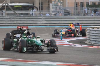 World © Octane Photographic Ltd. Sunday 23rd November 2014. Abu Dhabi Grand Prix - Yas Marina Circuit - Formula 1 Race. Caterham F1 Team CT05 – Kamui Kobayashi, Sauber C33 – Adrian Sutil and Infiniti Red Bull Racing RB10 – Daniel Ricciardo. Digital Ref: