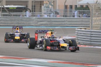 World © Octane Photographic Ltd. Sunday 23rd November 2014. Abu Dhabi Grand Prix - Yas Marina Circuit - Formula 1 Race. Infiniti Red Bull Racing RB10 – Daniel Ricciardo and Sebastian Vettel. Digital Ref: