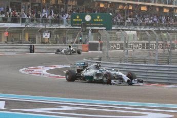 World © Octane Photographic Ltd. Sunday 23rd November 2014. Abu Dhabi Grand Prix - Yas Marina Circuit - Formula 1 Race. Mercedes AMG Petronas F1 W05 – Lewis Hamilton and Nico Rosberg. Digital Ref: