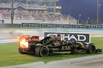 World © Octane Photographic Ltd. Sunday 23rd November 2014. Abu Dhabi Grand Prix - Yas Marina Circuit - Formula 1 Race. Lotus F1 Team E22 on fire – Pastor Maldonado. Digital Ref: