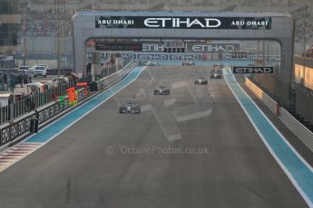 World © Octane Photographic Ltd. Sunday 23rd November 2014. Abu Dhabi Grand Prix - Yas Marina Circuit - Formula 1 Race. Mercedes AMG Petronas F1 W05 Hybrid – Lewis Hamilton and Nico Rosberg. Digital Ref: