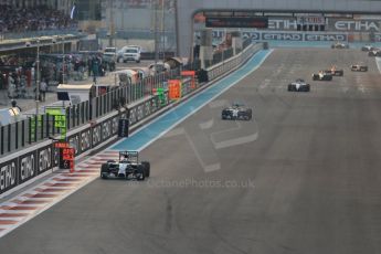 World © Octane Photographic Ltd. Sunday 23rd November 2014. Abu Dhabi Grand Prix - Yas Marina Circuit - Formula 1 Race. Mercedes AMG Petronas F1 W05 Hybrid – Lewis Hamilton and Nico Rosberg. Digital Ref: