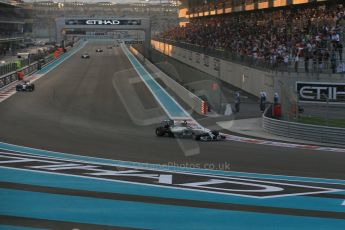 World © Octane Photographic Ltd. Sunday 23rd November 2014. Abu Dhabi Grand Prix - Yas Marina Circuit - Formula 1 Race. Mercedes AMG Petronas F1 W05 Hybrid – Lewis Hamilton and Nico Rosberg. Digital Ref: