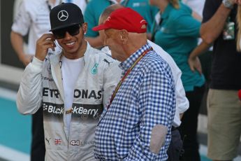 World © Octane Photographic Ltd. Sunday 23rd November 2014. Abu Dhabi Grand Prix - Yas Marina Circuit - Pirelli Fastest Lap award, Lewis Hamilton and Niki Lauda. Digital Ref: