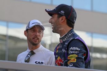 World © Octane Photographic Ltd. Sunday 23rd November 2014. Abu Dhabi Grand Prix - Yas Marina Circuit - Formula 1 Drivers Parade. Infiniti Red Bull Racing - Daniel Ricciardo and McLaren Mercedes - Jenson Button. Digital Ref: