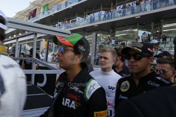 World © Octane Photographic Ltd. Sunday 23rd November 2014. Abu Dhabi Grand Prix - Yas Marina Circuit - Sergio Perez, Kevin Magnussen and Pastor Maldonado. Digital Ref: