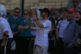 World © Octane Photographic Ltd. Sunday 23rd November 2014. Abu Dhabi Grand Prix - Yas Marina Circuit - Pirelli Fastest Lap award, Lewis Hamilton and Niki Lauda. Digital Ref: