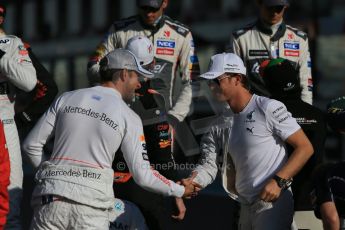 World © Octane Photographic Ltd. Sunday 23rd November 2014. Abu Dhabi Grand Prix - Yas Marina Circuit - End of season Formula 1 Drivers line up, Jenson Button and Nico Rosberg. Digital Ref: