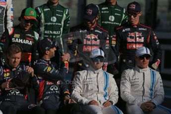 World © Octane Photographic Ltd. Sunday 23rd November 2014. Abu Dhabi Grand Prix - Yas Marina Circuit - End of season Formula 1 Drivers line up, Perez - Sahara Force India, Vergne and Kvyat - Toro Rosso, Vettel and Ricciardo - Infiniti Red Bull Racing and Massa and Bottas - Williams Racing. Digital Ref:
