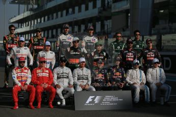 World © Octane Photographic Ltd. Sunday 23rd November 2014. Abu Dhabi Grand Prix - Yas Marina Circuit - End of season Formula 1 Drivers line up, Grosjean and Maldonado - Lotus F1 Team, Sutil, and Gutierrez - Sauber F1 Team, Stevens and Kobayashi - Caterham F1 Team, Button and Magnussen - McLaren Mercedes, Hulkenberg and Perez - Sahara Force India, Vergne and Kvyat - Toro Rosso, Alonso and Raikkonen - Scuderia Ferrari, Hamilton and Rosberg - Mercedes AMG Petronas, Vettel and Ricciardo - Infiniti Red Bull Racing and Massa and Bottas - Williams Racing. Digital Ref: