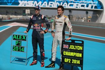 World © Octane Photographic Ltd. Sunday 23rd November 2014. Abu Dhabi Grand Prix - GP2 and GP3 champions photo shoot. Alex Lynn - Carlin - GP3 Champion and Jolyon Palmer - DAMS - GP2 Champion. Digital Ref: 1168CB1D6432