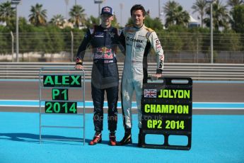 World © Octane Photographic Ltd. Sunday 23rd November 2014. Abu Dhabi Grand Prix - GP2 and GP3 champions photo shoot. Alex Lynn - Carlin - GP3 Champion and Jolyon Palmer - DAMS - GP2 Champion. Digital Ref: 1168CB1D6465