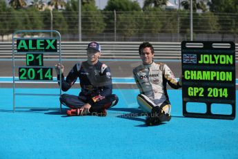 World © Octane Photographic Ltd. Sunday 23rd November 2014. Abu Dhabi Grand Prix - GP2 and GP3 champions photo shoot. Alex Lynn - Carlin - GP3 Champion and Jolyon Palmer - DAMS - GP2 Champion. Digital Ref: 1168CB1D6480
