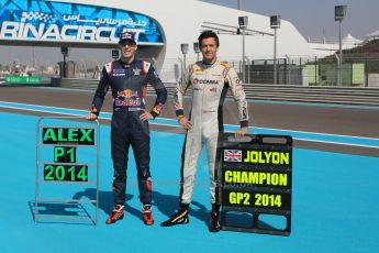 World © Octane Photographic Ltd. Sunday 23rd November 2014. Abu Dhabi Grand Prix - GP2 and GP3 champions photo shoot. Alex Lynn - Carlin - GP3 Champion and Jolyon Palmer - DAMS - GP2 Champion. Digital Ref: 1168CB1D9057