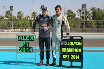 World © Octane Photographic Ltd. Sunday 23rd November 2014. Abu Dhabi Grand Prix - GP2 and GP3 champions photo shoot. Alex Lynn - Carlin - GP3 Champion and Jolyon Palmer - DAMS - GP2 Champion. Digital Ref: 1168CB1D9073