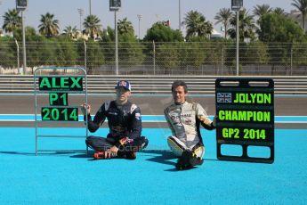 World © Octane Photographic Ltd. Sunday 23rd November 2014. Abu Dhabi Grand Prix - GP2 and GP3 champions photo shoot. Alex Lynn - Carlin - GP3 Champion and Jolyon Palmer - DAMS - GP2 Champion. Digital Ref: 1168CB1D9082