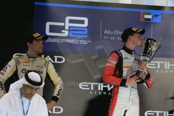 World © Octane Photographic Ltd. Saturday 22nd November 2014. Abu Dhabi Grand Prix - GP2 Race 1 Podium - Jolyon Palmer - DAMS. Digital Ref: 1167LB1D6179