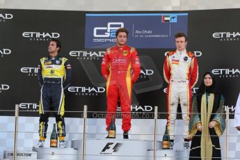 World © Octane Photographic Ltd. Sunday 23rd November 2014. GP2 Race 2 Podium – Abu Dhabi GP - Yas Marina Circuit, United Arab Emirates. Stefano Coletti - Racing Engineering, Felipe Nasr - Carlin and Arthur Pic - Campos Racing. Digital Ref :1170CB7D9129