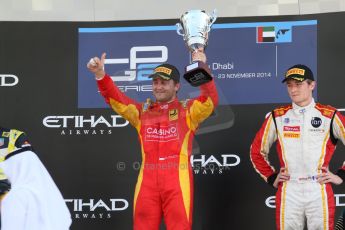 World © Octane Photographic Ltd. Sunday 23rd November 2014. GP2 Race 2 Podium – Abu Dhabi GP - Yas Marina Circuit, United Arab Emirates. Stefano Coletti - Racing Engineering, Felipe Nasr - Carlin and Arthur Pic - Campos Racing. Digital Ref :1170CB7D9138