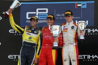 World © Octane Photographic Ltd. Sunday 23rd November 2014. GP2 Race 2 Podium – Abu Dhabi GP - Yas Marina Circuit, United Arab Emirates. Stefano Coletti - Racing Engineering, Felipe Nasr - Carlin and Arthur Pic - Campos Racing. Digital Ref :1170CB7D9161