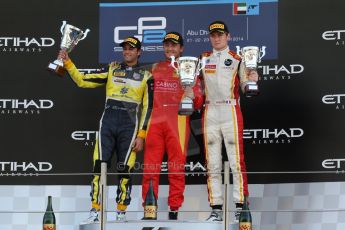 World © Octane Photographic Ltd. Sunday 23rd November 2014. GP2 Race 2 Podium – Abu Dhabi GP - Yas Marina Circuit, United Arab Emirates. Stefano Coletti - Racing Engineering, Felipe Nasr - Carlin and Arthur Pic - Campos Racing. Digital Ref :1170CB7D9180