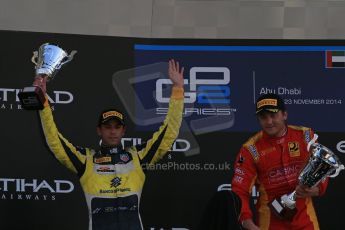 World © Octane Photographic Ltd. Sunday 23rd November 2014. GP2 Race 2 Podium – Abu Dhabi GP - Yas Marina Circuit, United Arab Emirates. Stefano Coletti - Racing Engineering, Felipe Nasr - Carlin and Arthur Pic - Campos Racing. Digital Ref :1170LB1D7116