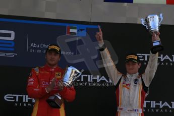 World © Octane Photographic Ltd. Sunday 23rd November 2014. GP2 Race 2 Podium – Abu Dhabi GP - Yas Marina Circuit, United Arab Emirates. Stefano Coletti - Racing Engineering, Felipe Nasr - Carlin and Arthur Pic - Campos Racing. Digital Ref :1170LB1D7121