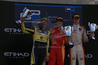 World © Octane Photographic Ltd. Sunday 23rd November 2014. GP2 Race 2 Podium – Abu Dhabi GP - Yas Marina Circuit, United Arab Emirates. Stefano Coletti - Racing Engineering, Felipe Nasr - Carlin and Arthur Pic - Campos Racing. Digital Ref :1170LB1D7127