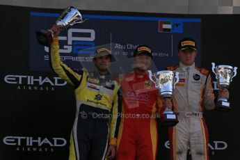 World © Octane Photographic Ltd. Sunday 23rd November 2014. GP2 Race 2 Podium – Abu Dhabi GP - Yas Marina Circuit, United Arab Emirates. Stefano Coletti - Racing Engineering, Felipe Nasr - Carlin and Arthur Pic - Campos Racing. Digital Ref :1170LB1D7131